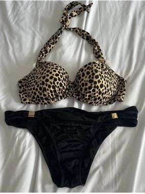 Victoria’s Secret Bombshell Bikini Top Leopard Print Black Bottom Bikini Set Med